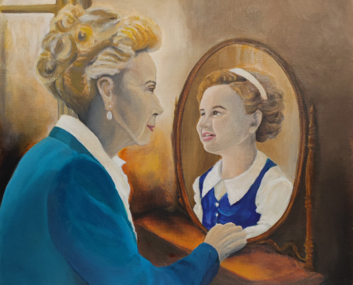 Huile sur toile représentant une femme âgée se regardant dans un miroir