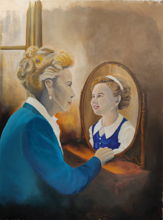 Huile sur toile représentant une femme âgée se regardant dans un miroir