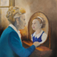 Huile sur toile représentant une femme âgée se regardant dans un miroir