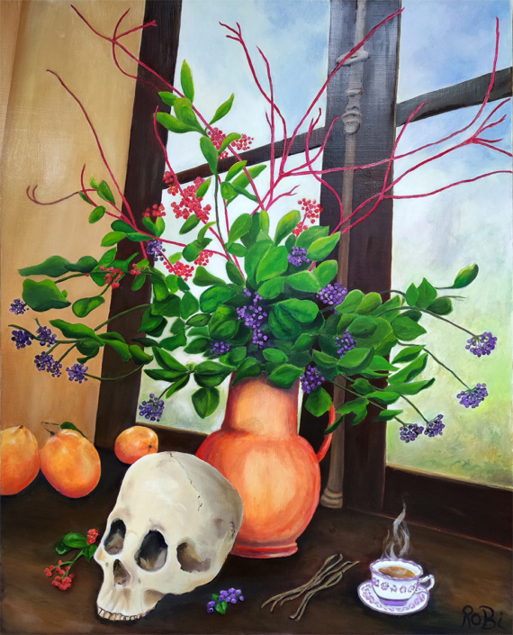 Vanille thé : tête de mort devant un arrangement florale - Peinture à l'huile