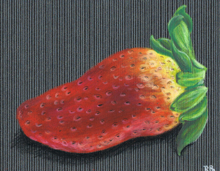 Dessin d'une fraise aux pastels sur papier peint